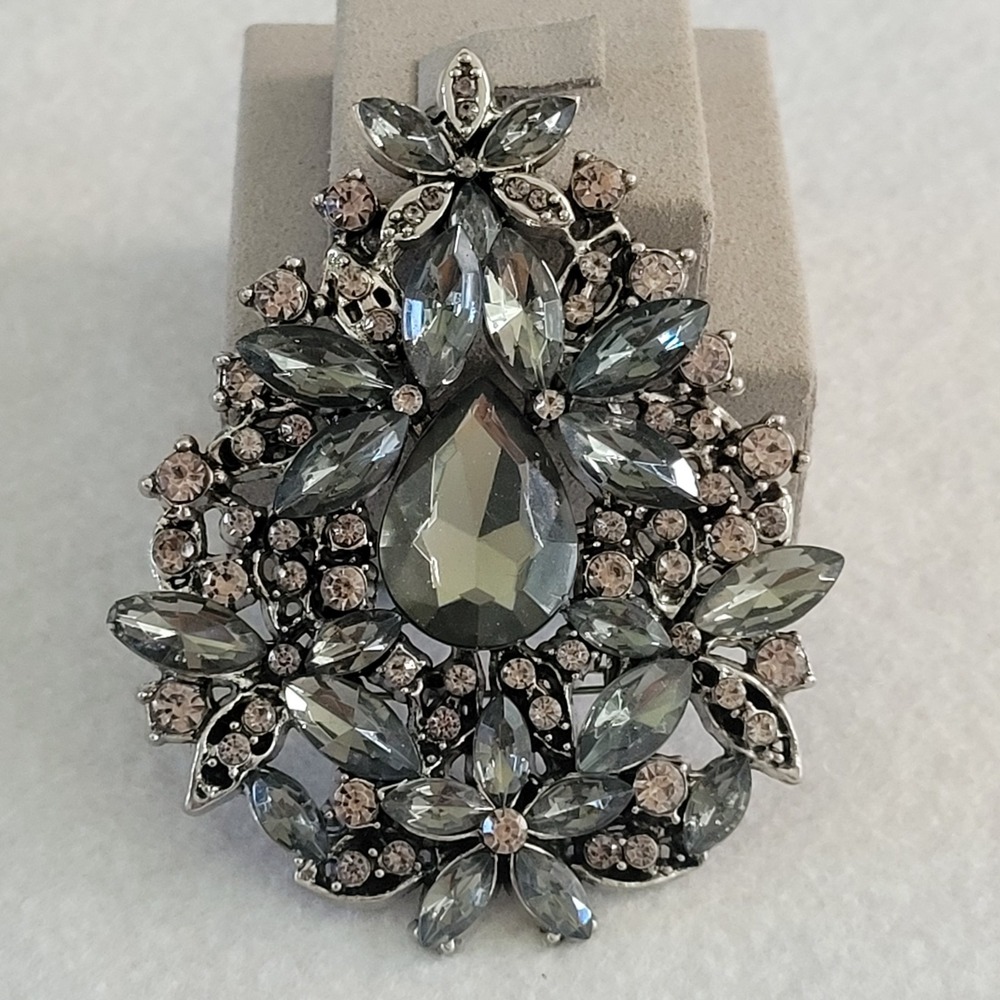 Gray Crystal Rhinestone Statement Brooch Silver Tone Floral Teardrop Pin